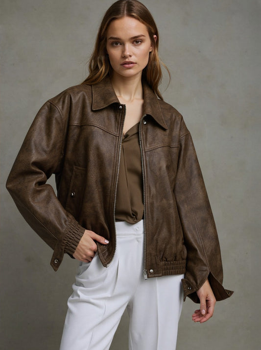 Giacca in Pelle Bomber con Zip | Monica